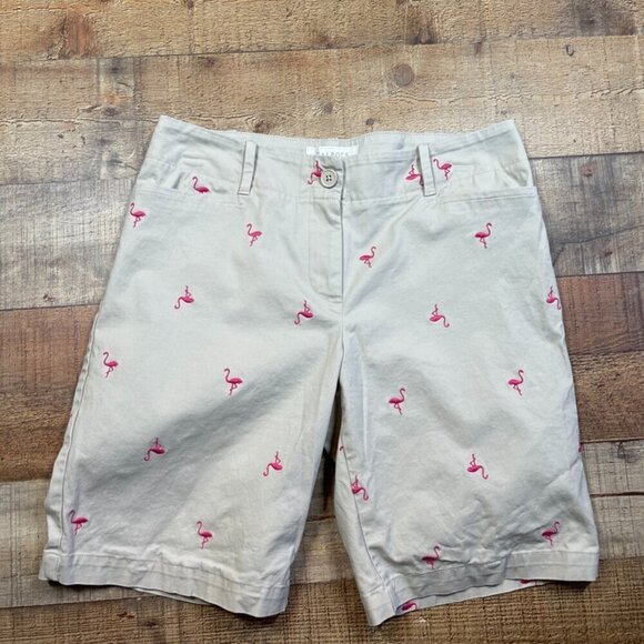 Talbots Tan Bermuda Shorts with Pink Flamingos size 6P - Picture 1 of 4